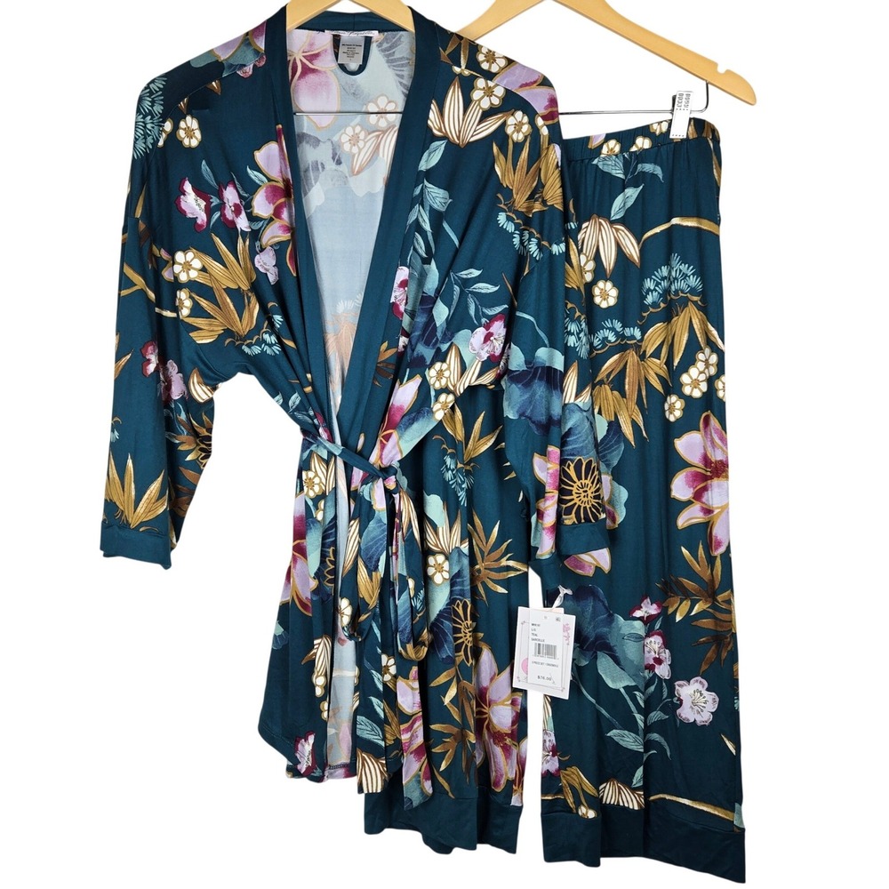 Linea Donatella Teal Floral Robe & Pants MHK197 Large NWT Pajama Set